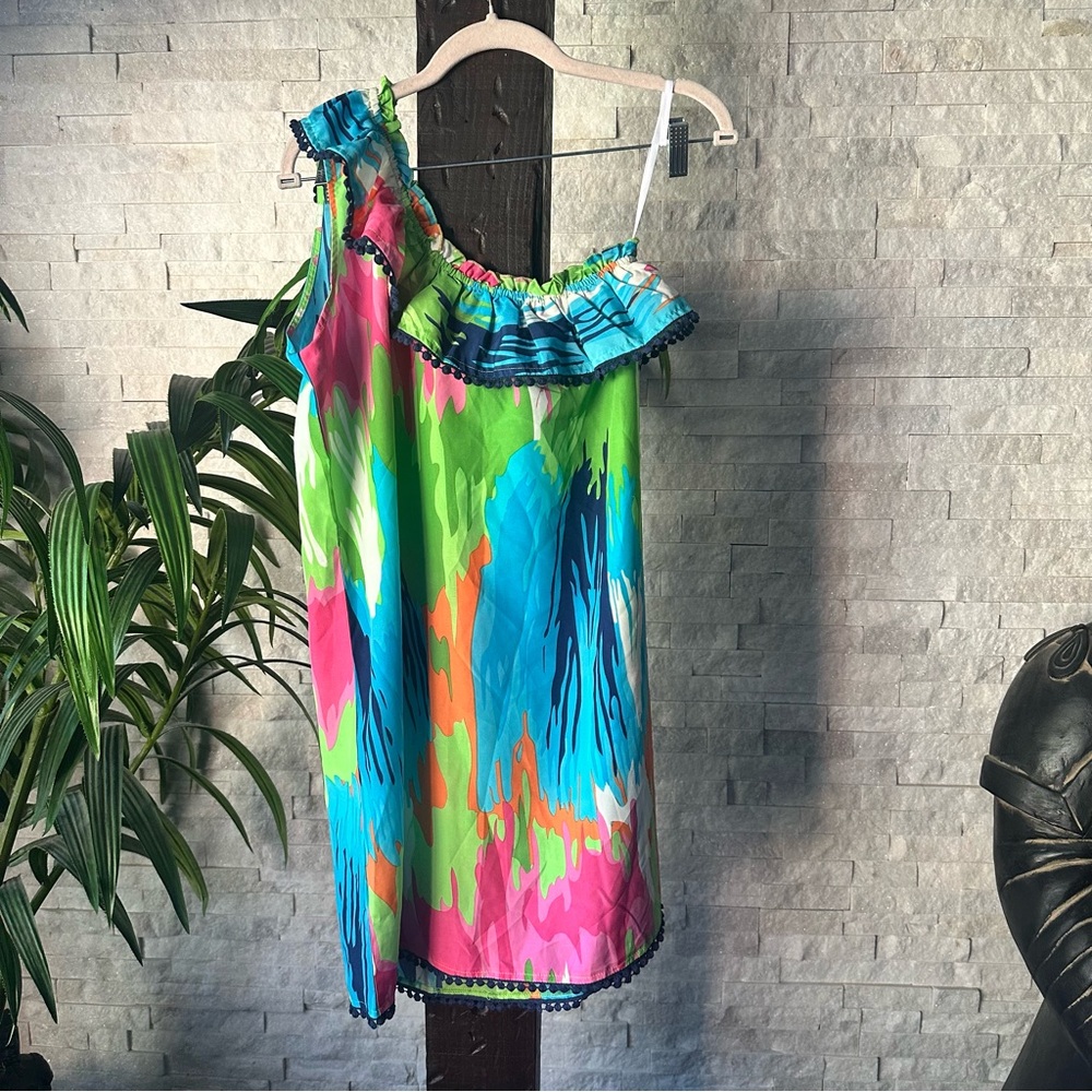 Mud Pie Bag Lady Bright Vibrant Watercolor One Shoulder Beach Pool Dress Size M - Picture 8 of 8
